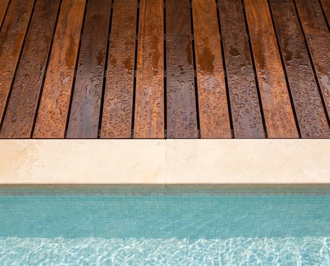 Entablonado de madera mojado junto a una pileta — Don Deck